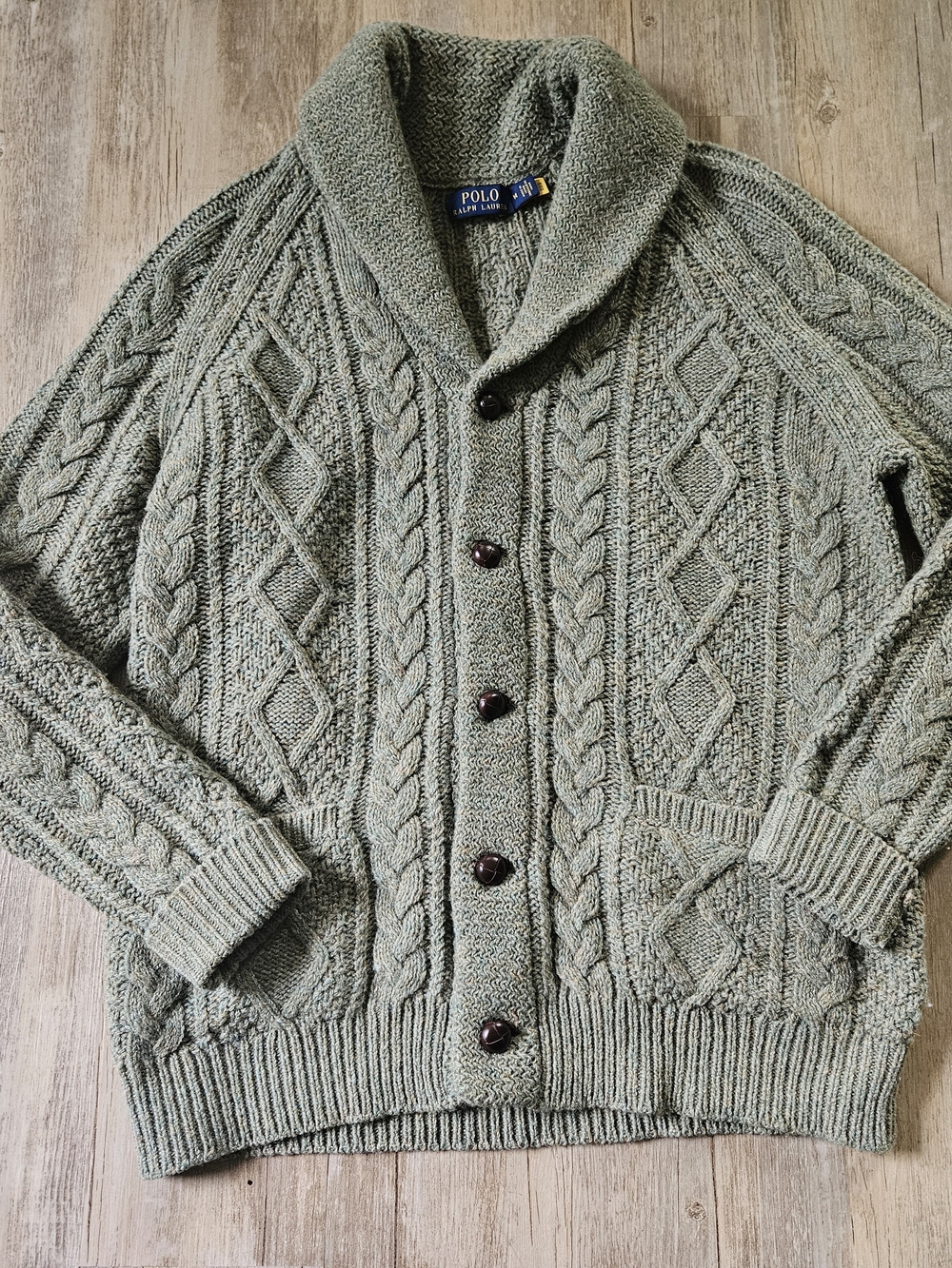 Polo Ralph Lauren Men's Green Wool Cashmere Cable Knit Shawl Collar Cardigan M